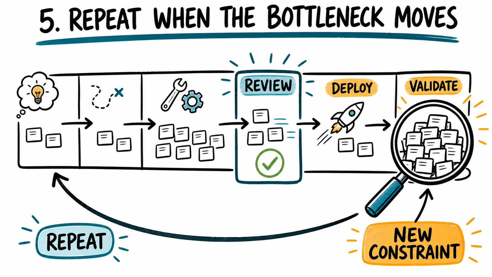 Repeat the focusing steps when the bottleneck moves from code review to deployment, validation, adoption, or another stage.